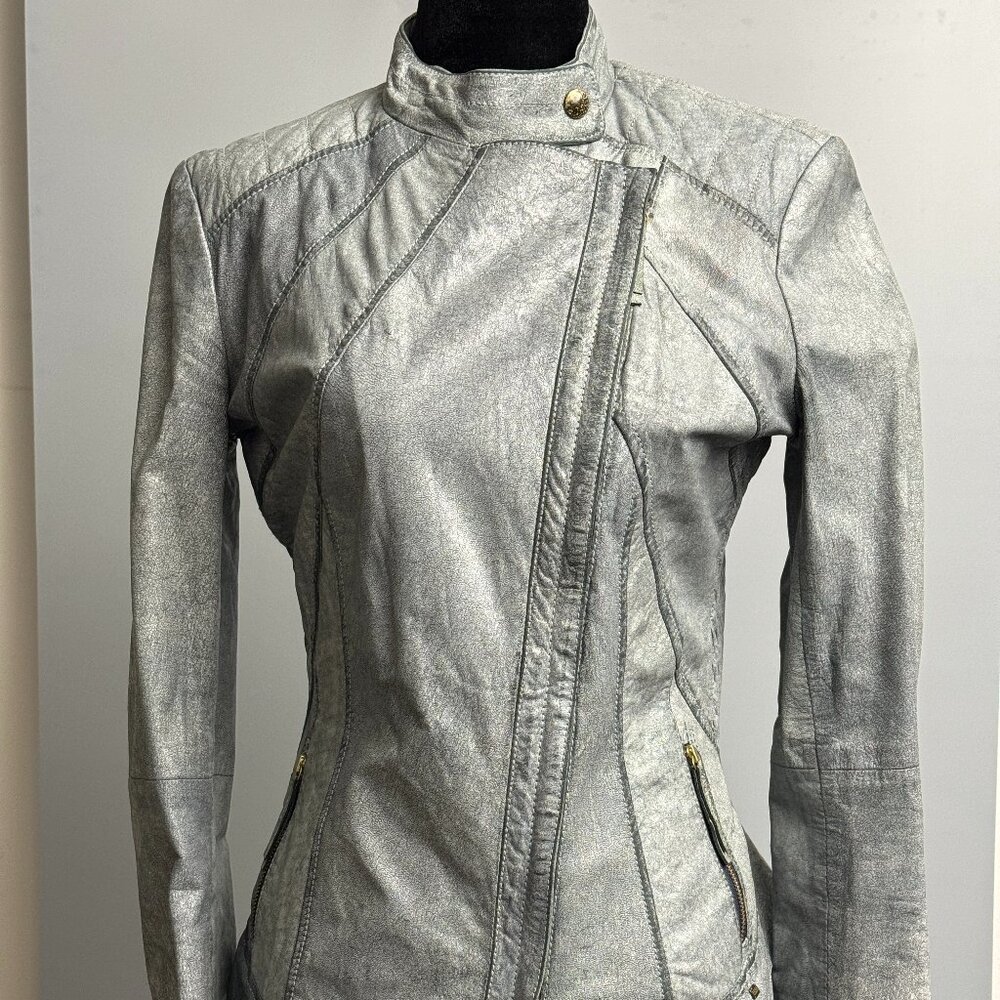 Hugo Boss Orange Genuine Leather Womens Biker Jacket in Silver/Grey